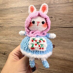 Handmade Amigurumi Crochet Bunny in Hood and Light Blue Dress Plushie